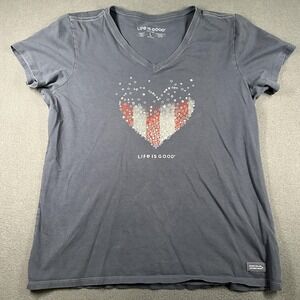 Life Is Good Shirt Womens Large Blue Crusher V Neck USA Flag Heart Graphic Tee